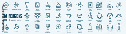 Set of multi-faith religious vector icons, including symbols from Christianity, Judaism, Islam, and other world religions. Outline style.