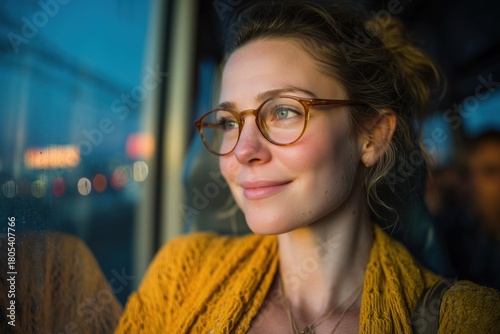 Dreamy woman riding bus at night