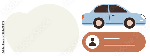 Blue sedan next to user profile card and blank cloud outline. Ideal for transportation, carpooling, ridesharing, digital identity, user data, teamwork, simple flat metaphor
