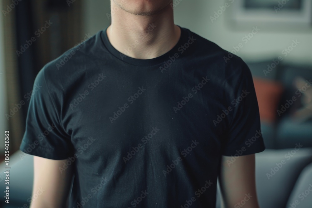Fototapeta premium Young adult man in a black t-shirt looking thoughtful indoors
