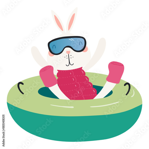 Rabbit snow tubing isolated on transparent. Hand drawn flat vector illustration. Cute cartoon character. Traditional Christmas, New Year design element, clip art
