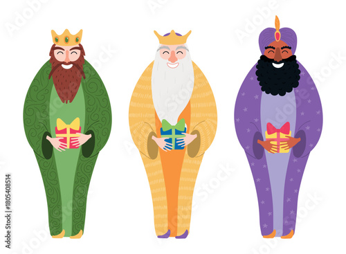 Three kings, wise men, magi with gifts, presents isolated on transparent background. Hand drawn flat vector illustration. Cartoon character. Epiphany Day, Christmas design element, clip art set