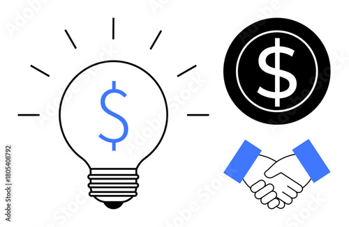 Light bulb with dollar sign, handshake symbol, and black coin emblem emphasizing financial strategies, investment, collaboration, and innovation. Ideal for business, finance, partnership growth