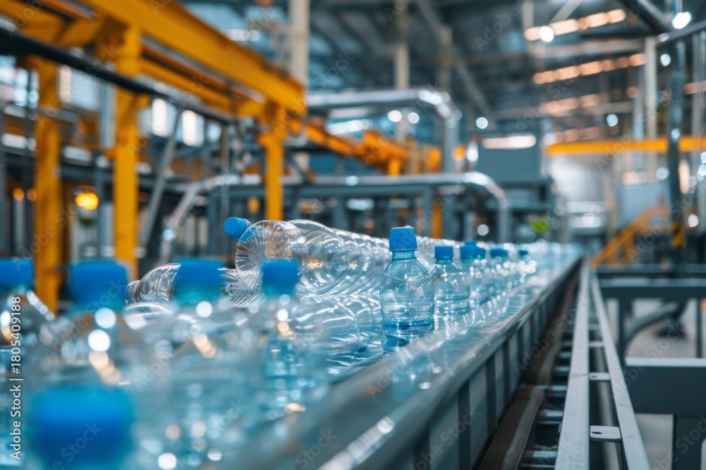 Fototapeta premium Bottled water production line in a factory setting