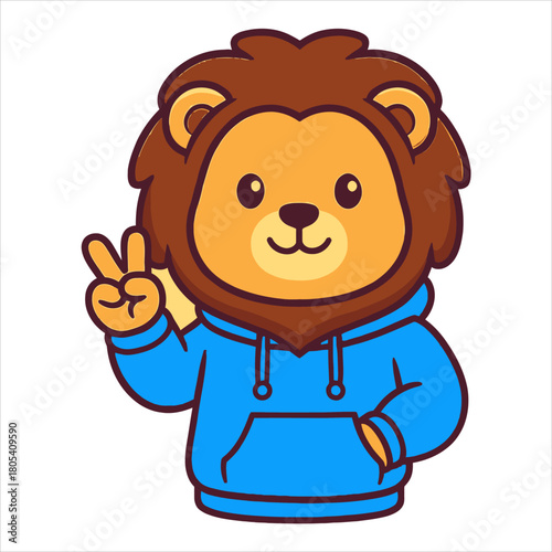 A cute cartoon lion mascot wearing a blue hoodie and making a peace sign gesture, a cool and friendly flat vector logo illustration isolated on a white background. 24