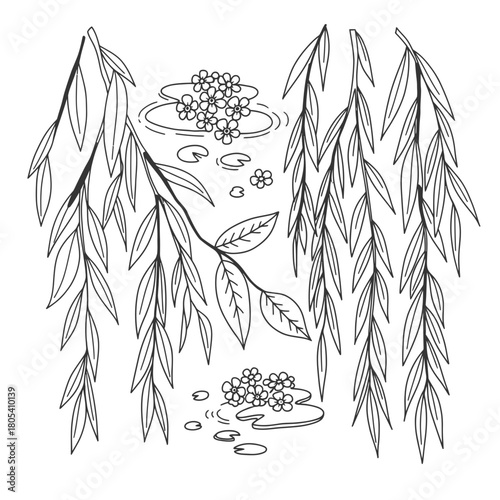 Serene hand-drawn line art illustration featuring delicate weeping willow branches with flowing leaves, complemented by peaceful water elements and floating lily pads.