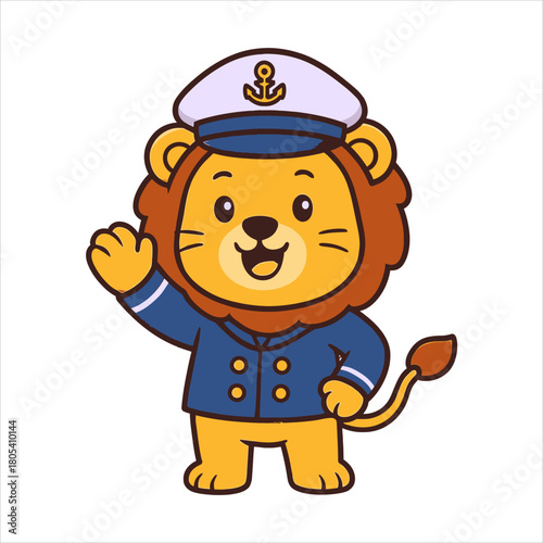Cheerful cartoon lion in a captain's uniform waving hand, a playful flat vector logo illustration ideal for maritime businesses, animal-themed projects, or children's book designs