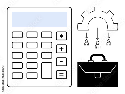 Calculator beside a gear infographic showing team roles and hierarchy, with a briefcase representing business tools. Ideal for finance, teamwork, management, decision-making, budgeting, strategy