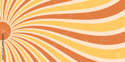 Retro groovy sun burst ray background in bold orange and yellow. Grungy wave with y2k sun and sunshine effect in horizontal graphic. Classic vintage style for modern abstract uses.