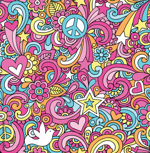 A vibrant and colorful psychedelic doodle pattern featuring peace signs, hearts, stars, and flowers in a groovy 1960s style.