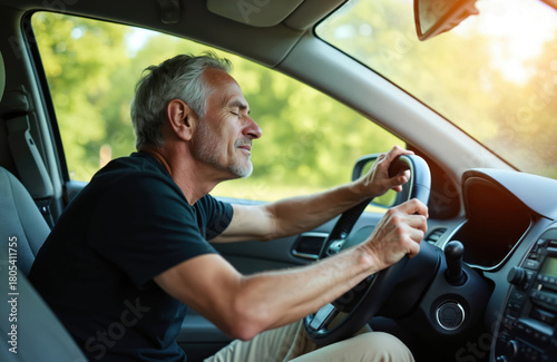 Mature man drives car with closed eyes. Driver dozes off behind wheel on road. Person feels sleepy, tired and exhausted. Concept of danger, accident, fatigue on journey. Trip risk.