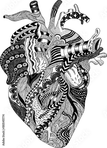 Anatomical human heart illustration filled with intricate black and white zentangle patterns on a plain background.