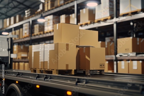 Stacked cardboard boxes on a pallet in a warehouse