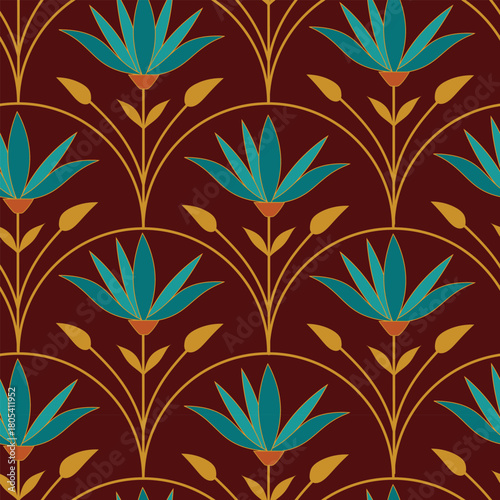 Vintage Art Deco Egyptian Lotus flowers seamless pattern in peacock teal and golden ochre arches on red Maroon background. For wallpaper, home décor and textile