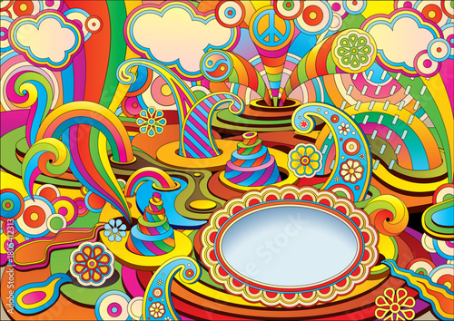 Colorful psychedelic art with swirls, flowers, and a peace sign in a vibrant, retro style.