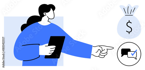 Woman with tablet pointing toward money bag and chat bubble with checkmark. Ideal for financial planning, communication, digital tools, goal-setting, decision-making, strategy, online support. Simple