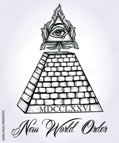 Illuminati symbol: pyramid with eye and flame, "New World Order".