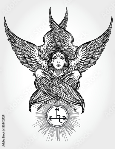 Detailed drawing of a winged woman with a symbol below her.