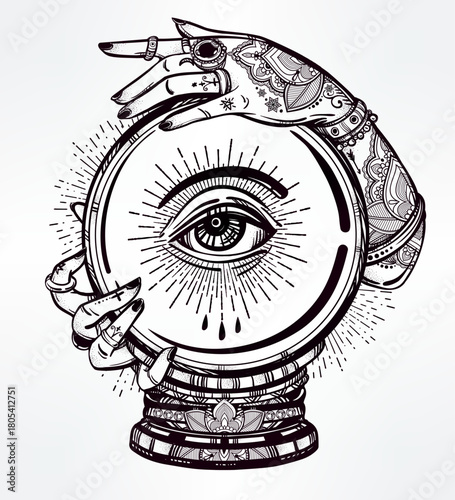 Mystical hands holding a crystal ball with an all-seeing eye symbol, line art illustration.