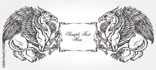 Ornate heraldic design featuring griffins flanking a text frame.