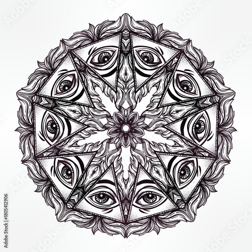 Intricate black and white mandala with all-seeing eyes within geometric patterns on a white background.