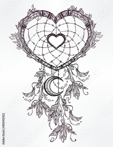 Detailed heart-shaped dreamcatcher with moon and feathers, intricate line art illustration.