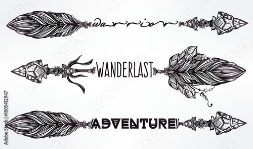 Set of three hand-drawn bohemian style arrows with the words warrior, wanderlust, and adventure.