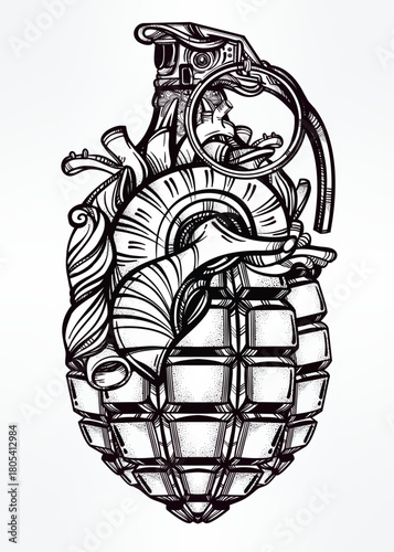 A detailed, black and white illustration of a hand grenade with ornate, swirling decorative elements.