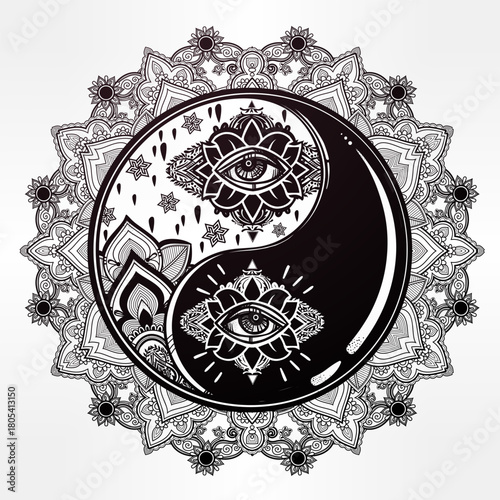 Intricate Yin Yang symbol with eyes and lotus flowers within a detailed mandala pattern.