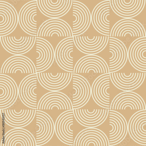 Mid Century modern beige half circle lines seamless pattern on tan background. For wallpaper, home décor and posters