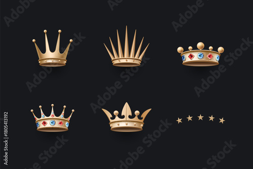 A collection of five golden crowns and five golden stars on a dark background.