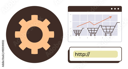 Gear cog, screen with shopping carts and a rising graph, and URL bar. Ideal for e-commerce, technology, marketing, analytics, strategy development sales growth digital tools. Simple flat metaphor