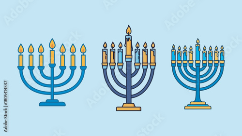 A Hanukkah menorah with 9 glowing candles Clean vector illustration art