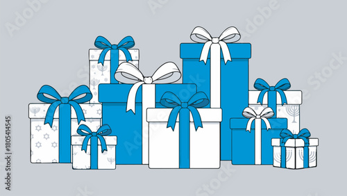  Blue and white Hanukkah gift boxes in vector style with ribbon and sparkle accents, clean line-art, set on a white background  