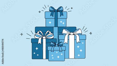  Blue and white Hanukkah gift boxes in vector style with ribbon and sparkle accents, clean line-art, set on a white background  