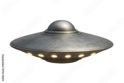Flying saucer ufo spaceship with bright underlights, symbolizing extraterrestrial life, exploration, and advanced technology. Transparent background