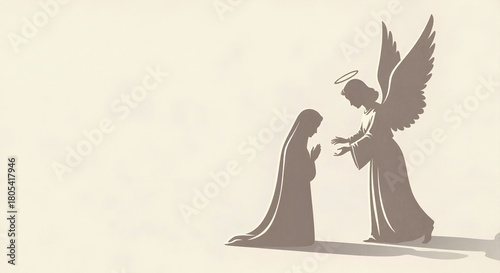 Minimalist silhouette of the Annunciation scene. Angel Gabriel announces news to the kneeling Virgin Mary. Biblical Christian illustration for Christmas with copy space.