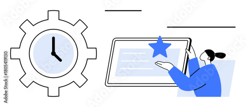 Gear with clock symbolizing time management, person interacting with a digital screen and star for quality and achievement. Ideal for time efficiency, productivity, organization, teamwork