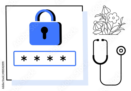 Lock with password field, stethoscope, and blooming flowers highlighting privacy, healthcare, and growth. Ideal for security, healthcare, technology privacy protection wellness growth. A simple