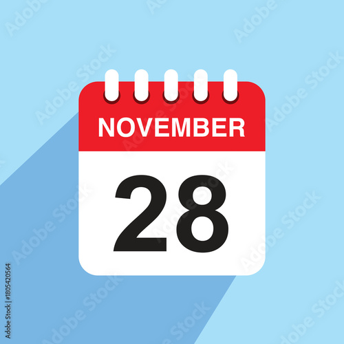 28 november calendar date icon. vector illustration with shadow design