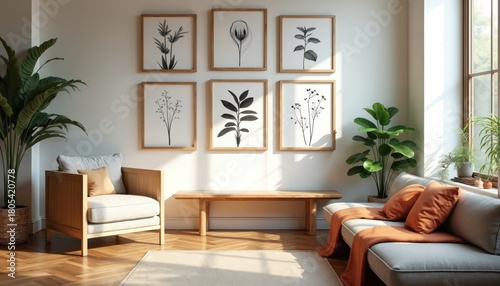 Modern living room with botanical art prints. Features comfortable seating, wooden furniture, and potted plants creating a serene atmosphere. Sunlight streams through large window.