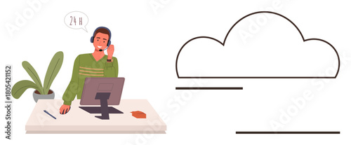 Support agent with headset and computer assisting customers. Green plant, document, and cloud graphic symbolize connection, 247 service, productivity. Ideal for tech support, remote work