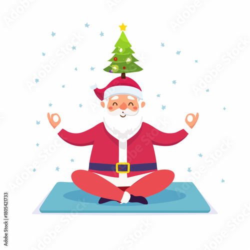 Santa Claus Meditating Yoga with Christmas Tree on Head