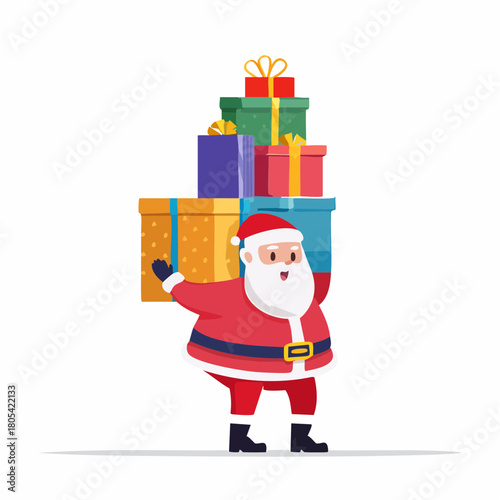 Cheerful Santa Claus Struggling to Carry Stack of Christmas Gifts