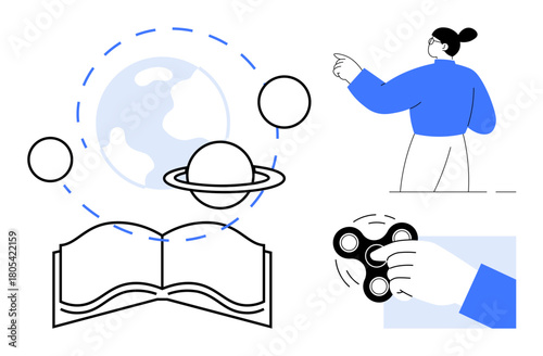 Open book, Saturn orbiting Earth, person pointing forward, hand spinning fidget spinner. Ideal for education, curiosity, science, exploration learning creativity engagement. Simple flat metaphor