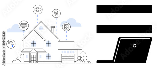 Connected gadgets surrounding a house represent home automation. Laptop suggests remote control. Ideal for technology, automation, connectivity, IoT, convenience, innovation efficiency. Simple flat