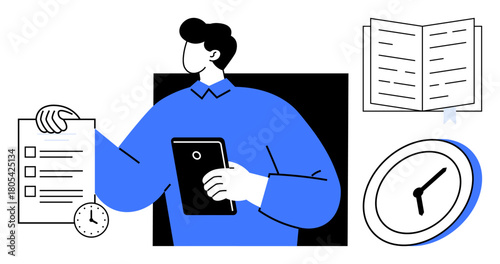Person holding a tablet and task list with a small clock, open book, and time focus. Ideal for productivity, time management, organization, scheduling, planning, learning simple flat metaphor
