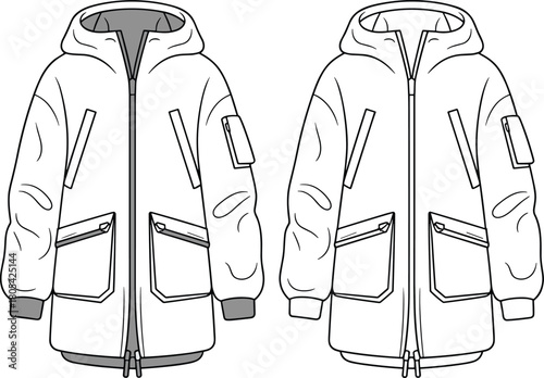 Technical drawing vector jacket, fashion hoodie coat sketch, trendy outerwear front view, zipped pockets, garment template, CAD illustration, designer apparel