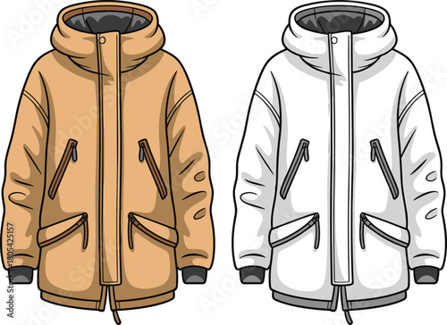 Winter jacket technical sketch, flat fashion coat illustration, CAD garment drawing, apparel template, outerwear vector art, hooded parka design, casual clothing