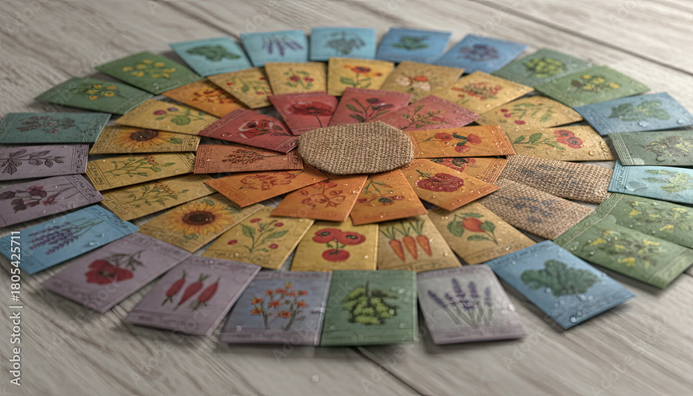 Obraz premium Arrangement Of Various Colorful Seed Packets With Botanical Illustrations In A Circular Pattern On A Light Wooden Surface